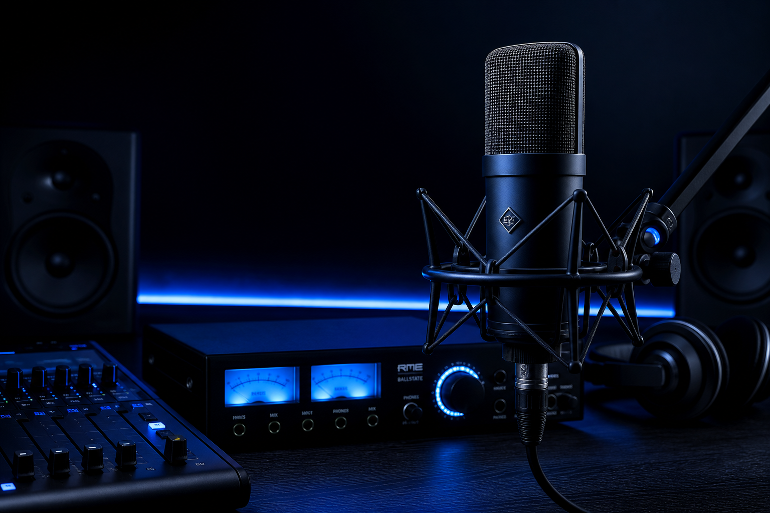 Professionelles dunkles Studio-Setup mit Kondensatormikrofon und blauen LEDs